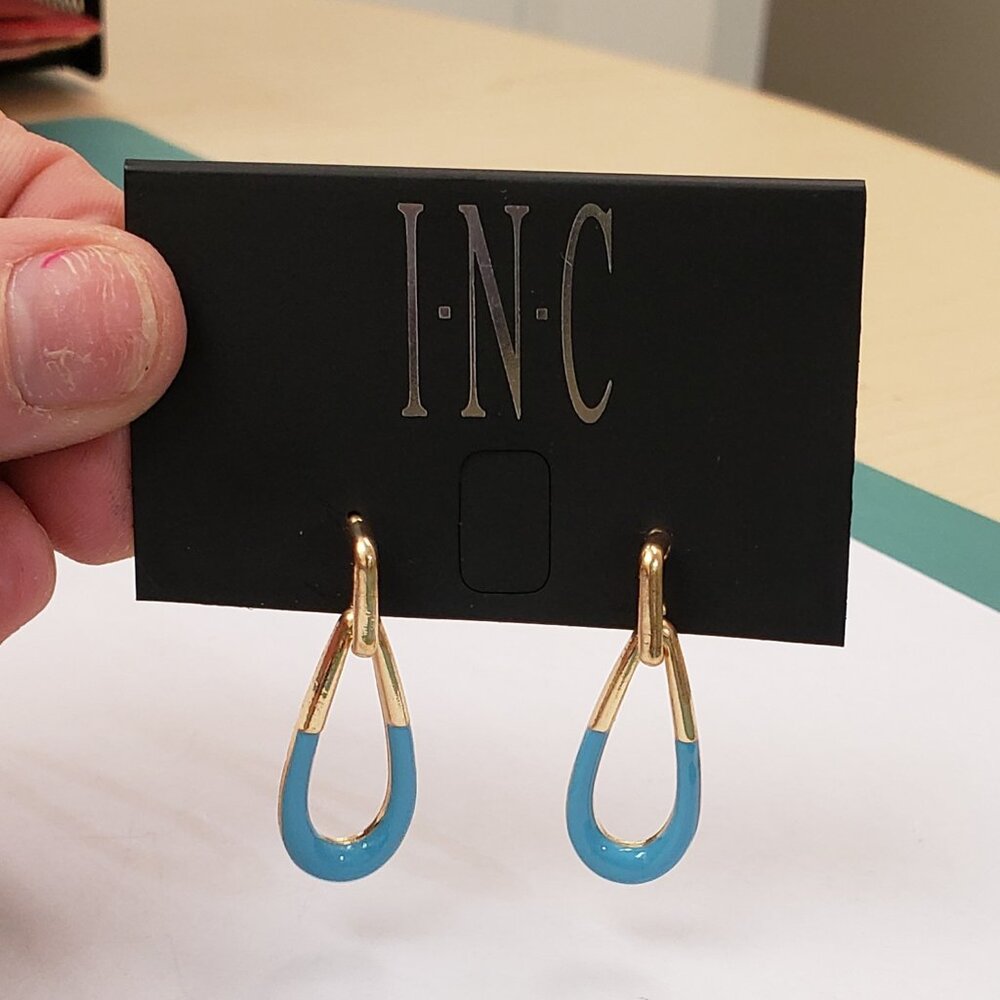 INC, NWT gold tone turquoise "dipped" teardrop dangle pierced post earrings